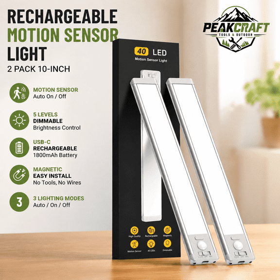 Under Cabinet Lighting Wireless Motion Sensor, 2 Pack Rechargeable LED Closet Lights, 10 Inch Magnetic Dimmable Light Bar, USB-C Charging, 5 Brightness Levels, Night Light for Kitchen, Stairs, Pantry