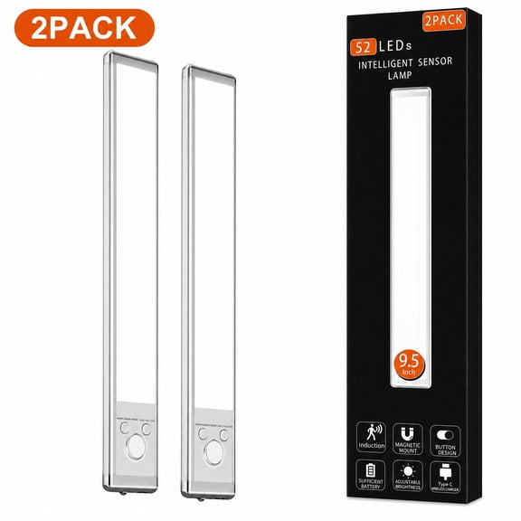 CATUOR 52 LED Under Cabinet Lighting, Wireless Motion Sensor Light Indoor, USB Rechargeable 3-Color Dimmable LED Closet Lights, Kitchen, Counter, Wardrobe Lighting, 2 Pack