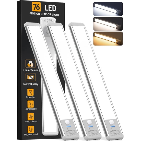 Under Cabinet Lighting Wireless, Rechargeable 10inch Motion Sensor Light Indoor, 3 Color Closet Light Battery Operated with LED Power Display, Magnetic Under Counter Lights for Kitchen, Home (3Pack)