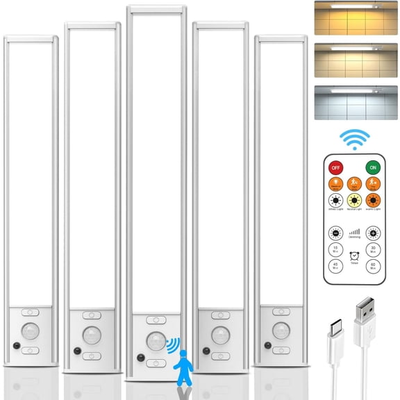 Under Cabinet Lighting Wireless, Rechargeable 180 Lumen Motion Sensor Indoor Light, 3 Color Dimmable Closet Lights with Remote Control, Under Counter Light for Kitchen, Stairs, Wardrobe, 5 Pack