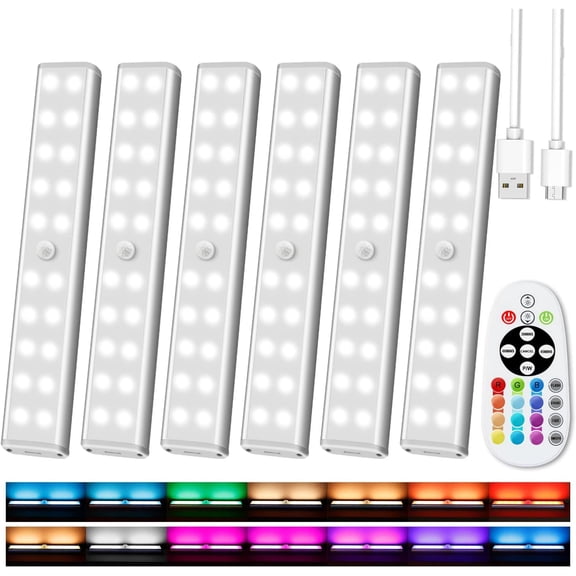 Under Cabinet Lighting Wireless with Remote, 48 LED Rechargeable Under Cabinet Lights, Kitchen Counter Lights Dimmable LED Closet Light RGB Bar for Shelf, Car, Hallway, 15 Color Changing, 6 Pack