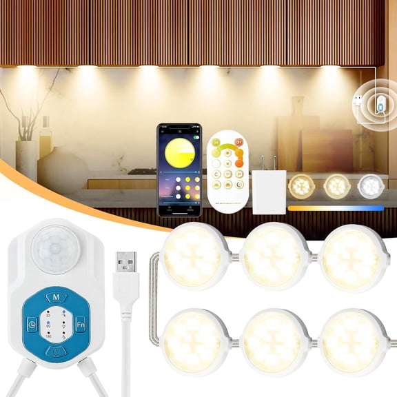 Under Cabinet Lights 12Ft,Motion Sensor LED Under Counter 6 Puck Lights with APP&Remote&Sensor/3 Work Modes/3 Colors/Timers/Motion Activated Allowed/Dimmable/Night Light for Cabinet,,Closet,Garage
