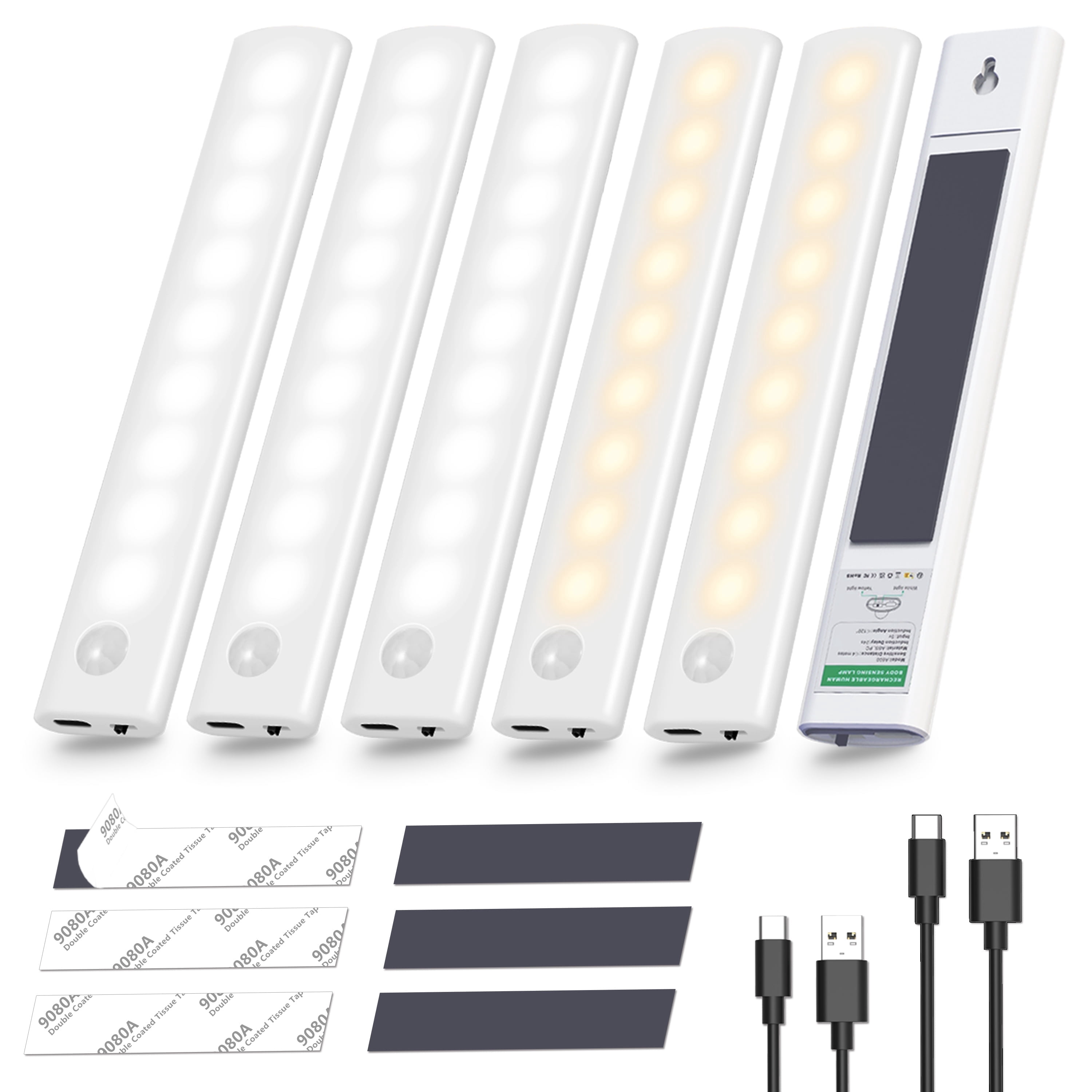 Under Cabinet Lights, 2 Colors Closet Lights Motion Sensored Under Cabinet Lighting, Rechargeable Battery Operated Cupboard Light for Hallway, Closet, Kitchen（6 Pack）