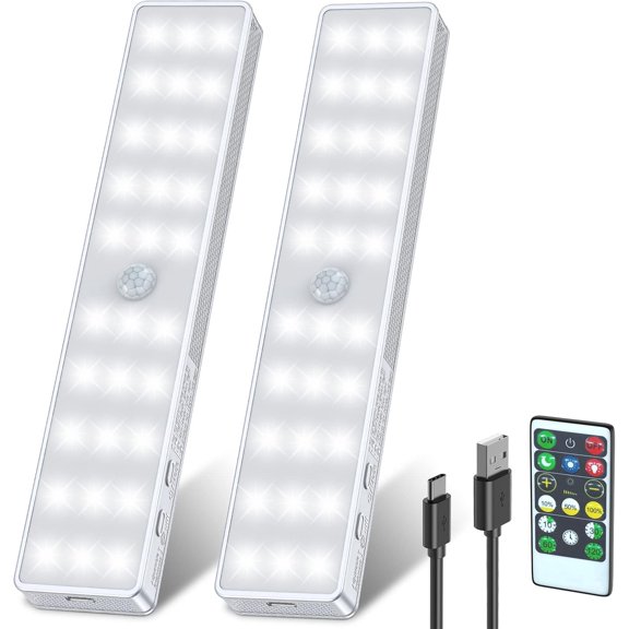 Under Cabinet Lights, 2 Pack Rechargeable Motion Sensor Closet Lighting, Dimmable RV Step Lights Stick-Anywhere LED Night Bar for Kitchen, Wardrobe, Stairs (White)
