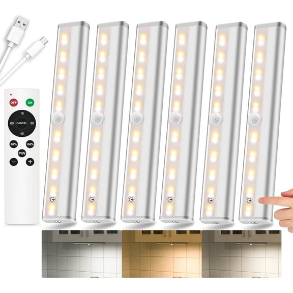 Under Cabinet Lights, 20LED Under Cabinet Lighting Rechargeable, Remote LED Closet Lights Bar, Under Counter Lights for Kitchen Shelf Pantry Shelf Hallway Stairs, 3 Colors 6 Pack