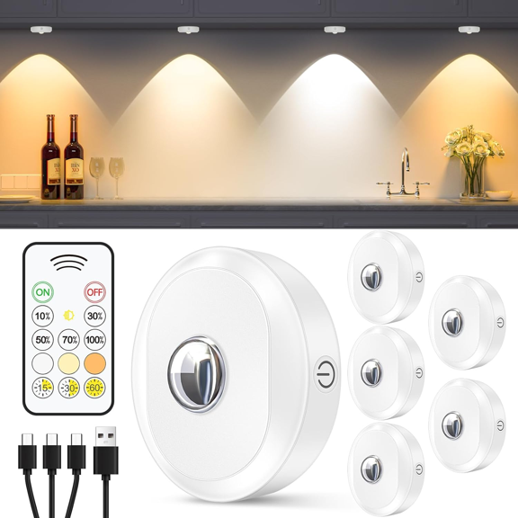 Puck Lights With Remote & Timer - Battery Operated LED Under Cabinet Lights, RGB Color Changing, Dimmable Stick-On Lights, 4 Pack White