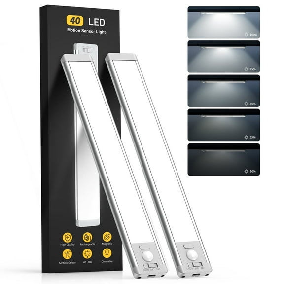 JNDFOFC Under Cabinet Lights, 40 LED Motion Sensor Light Indoor, USB Rechargeable Magnetic Dimmable Closet Lighting, Wireless Under Counter Lights for Kitchen, Stairs, 2 Pack