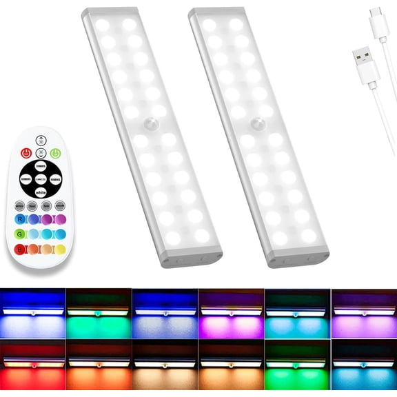 Under Cabinet Lights , 58-LED Rechargeable Motion Sensor Closet Lights with Remote Control, RGB Color Changing Under Counter Lights for Kitchen, Pantry, Bedroom, Stairs, 2 Pack