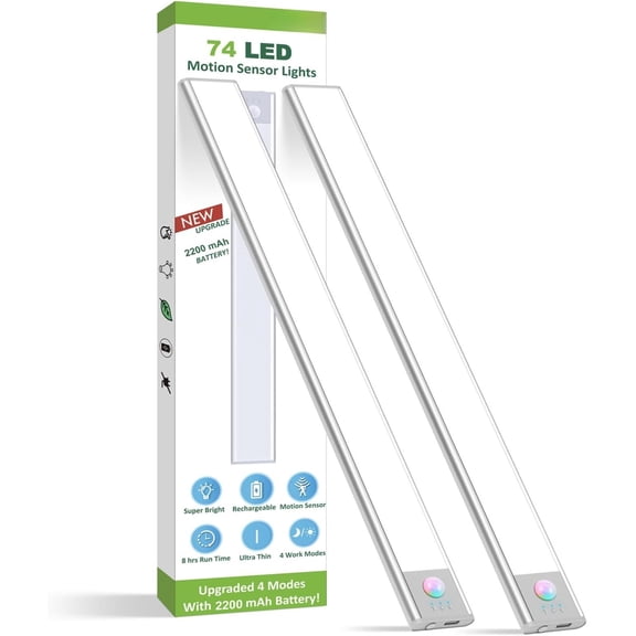 Under Cabinet Lights, 74 LED lights Operated Motion Sensor Light Indoor, USB C Rechargeable Closet Lights Motion Sensored, 2200mah Light for Kitchen Night Stairs (2 Pack)