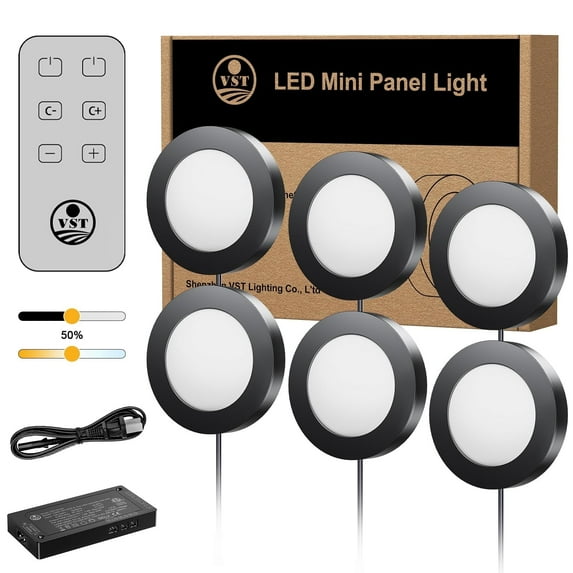 VST Under Cabinet Lights CCT 3000K-6500K, LED Puck Light Color Temperature and Brightness Adjustable with Touch Remote Dimmer and ETL-Listed Led Driver for Drawer Wardrobe Kitchen, 6 Pack, Black