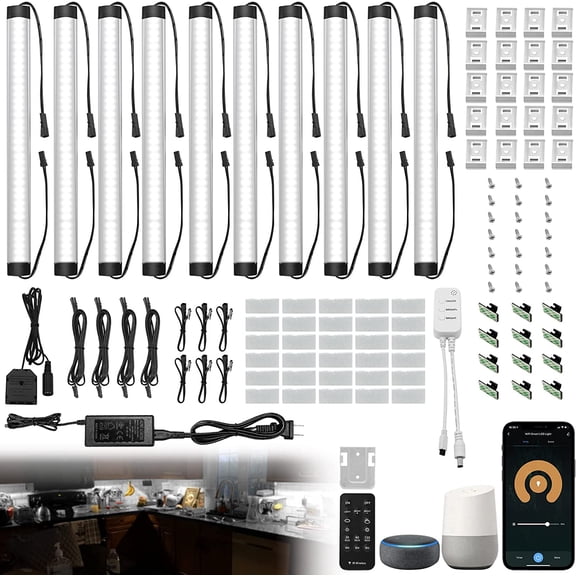 Under Cabinet Lights Kit, LED Smart Dimmable Strip Lighting Fixtures, 24V Plug in Linkable Bar LED Counter Lights for Pantry, Kitchen, Shelf, Bookcases, Showcase (10 PCS, Cold White)