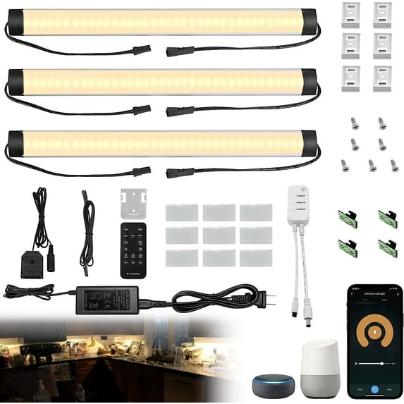 Under Cabinet Lights Kit, LED Smart Dimmable Strip Lighting Fixtures, 24V Plug in Linkable Bar LED Counter Lights for Pantry, Kitchen, Shelf, Bookcases, Showcase (3 PCS, Warm White)