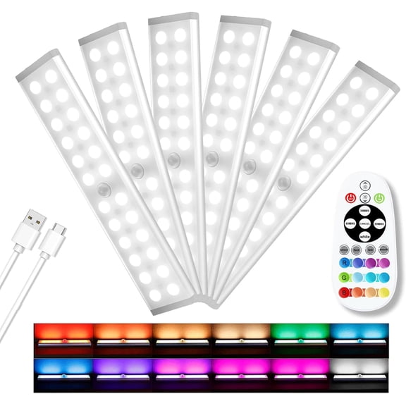 Under Cabinet Lights, Motion Sensor Light Indoor Night Lights, 58 Under Counter Lighting with Remote Control for Kitchen, Wardrobe, Hallway, Stairs (6 Pcs)