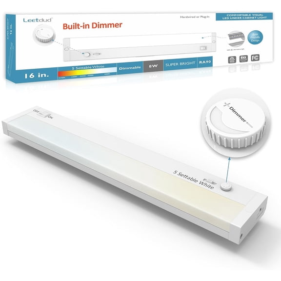 Under Cabinet Lights Plug in or Hardwired Built-in Dimmer, 16 Inch 8W, 5CCT 2700K-5000K, Linkable Undercounter Lighting for Kitchen, ETL Dimmable LED Undercabient Light Fixture, White