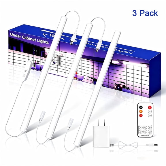 Plug in Under Cabinet Lights, 3 Pcs, 12 in, 6000K Daylight White, Dimmable LED, with Remote, for Kitchen Closet Counter Shelf Bedroom