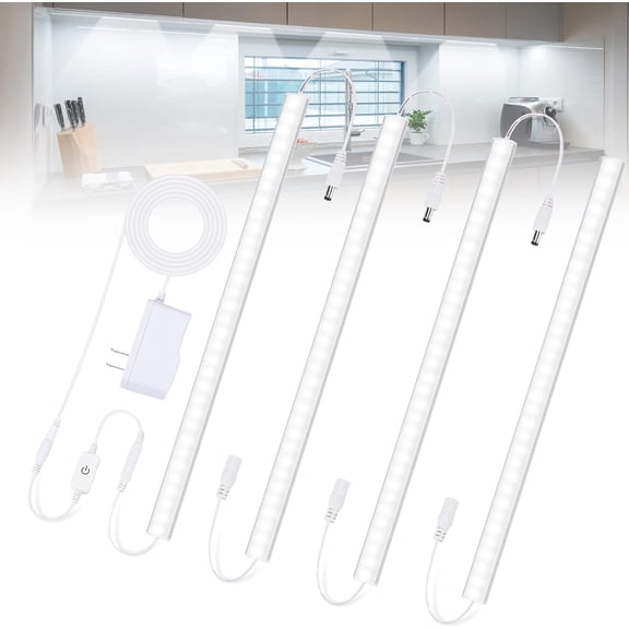 Under Cabinet Lights Plug-in Cold White 6000K, Dimmable LED Lighting, 4pcs 12 Inch Counter for Kitchen with Memory Function, Light Bar Closet, Pantry, Workbench