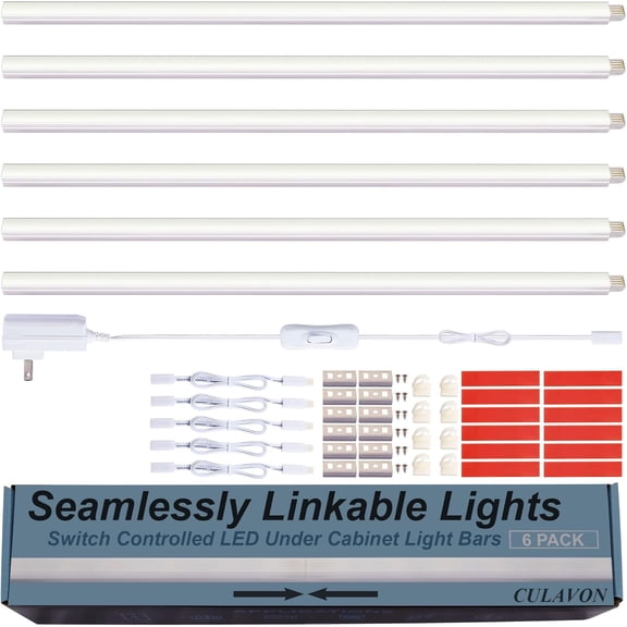 Under Cabinet Lights, Plug in, Seamlessly Linkable 12 Inch, 6 Bars+Switch+Extensions, Under Counter Lighting for Kitchen, Closet, Gun Safe, Shelf, Display Case, LED 5000k Daylight