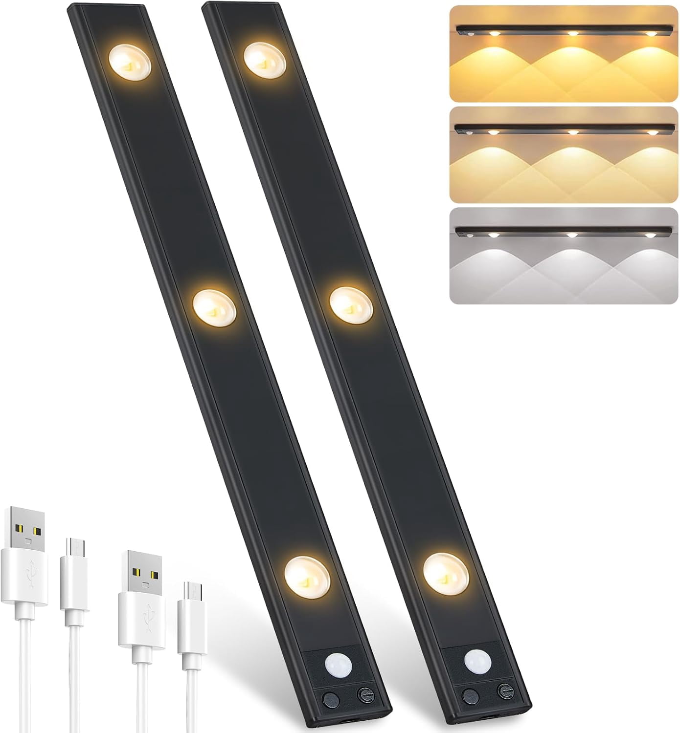 Under Cabinet Lights, Rechargeable Motion Sensor Light Indoor, Wireless and 3-Color Dimmable with Cat’s Eye Hill Effect, for Display Cabinets, Showcases, Wine Racks, 2 Pack, Black