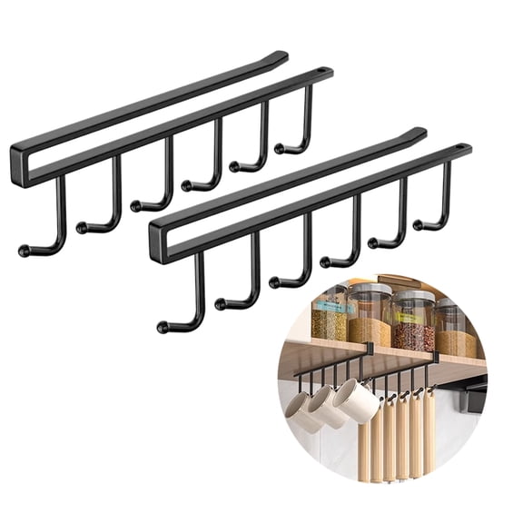 Under Cabinet Mug Hanger Set of 2, Metal Mug Hooks Coffee Cup Holder with 6 Hooks Simple Coffee Mug Organizer for Cabinet Shelf Modern Mug Storage Display Rack for Kitchen