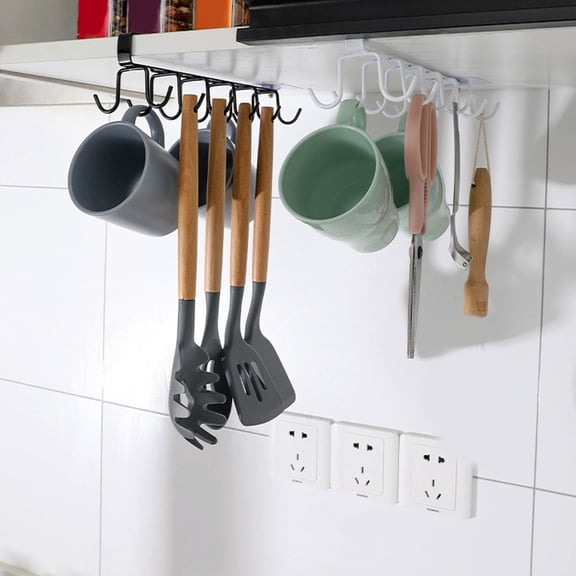 Under Cabinet Mug Rack with 12 Hooks, Metal Under Shelf Coffee Cup Holder for Kitchen Cabinet Storage, Mugs Pots Pans Utensils Organizer, Black or White