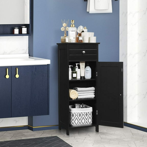 Cabinet, Narrow Bathroom Storage, Black, Modern Style, Freestanding, Small, Wooden