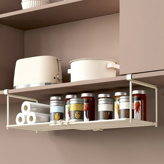 Under Cabinet Organizer with Hooks, 2-Tier Kitchen Storage Rack for Spices & Utensils, Heavy Duty Metal Wall Mount Shelf for Bathroom/Pantry, White Space Saving Shelf (No Drill Required)