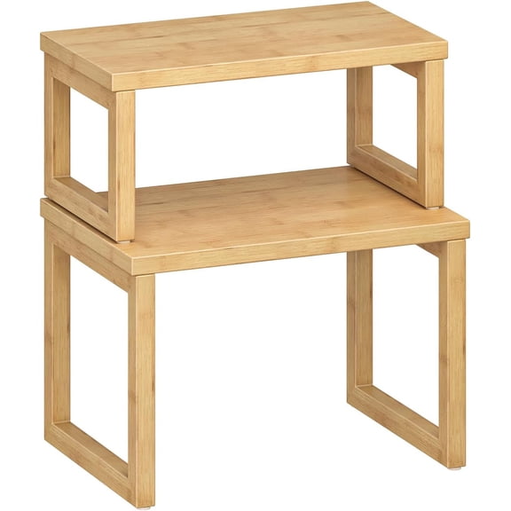 Cabinet Organizer Shelf, Set of 2 Kitchen Counter Shelves, Expandable Kitchen Storage, Stackable Bamboo Spice Rack, for Kitchen, Countertop, Office Desk, Living Room, Natural YL20TL01