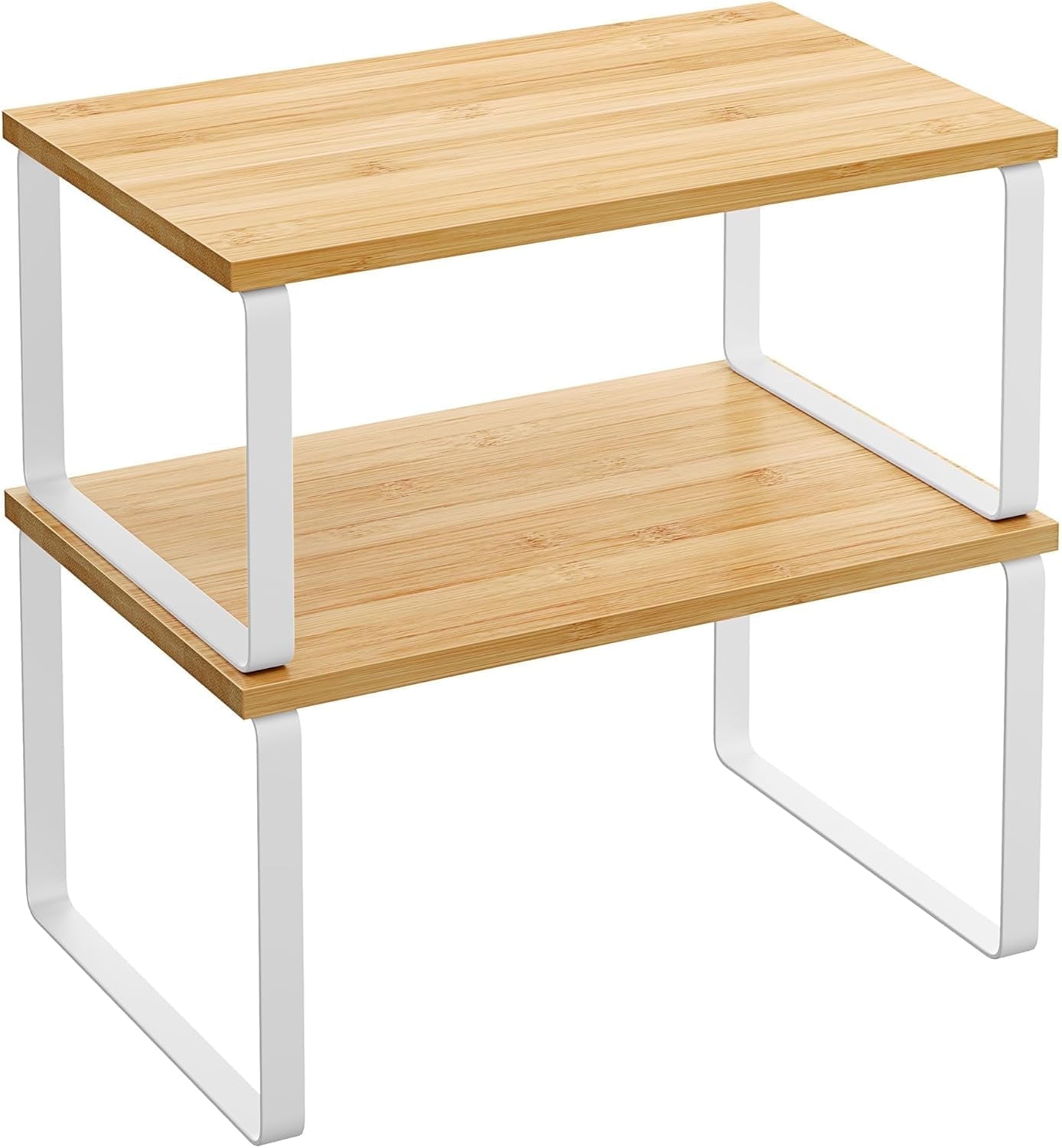 Cabinet Organizer Shelf, Set of 2 Kitchen Counter Shelves, Kitchen Storage, Spice Rack, Stackable, Expandable, Metal and Engineered Wood, Cloud White and Natural Beige