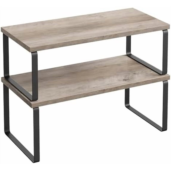 Cabinet Organizer Shelf, Set of 2 Kitchen Counter Shelves, Kitchen Storage, Spice Rack, Stackable, Expandable, Metal and Engineered Wood, Ink Black and Heather Greige UKCS200X02