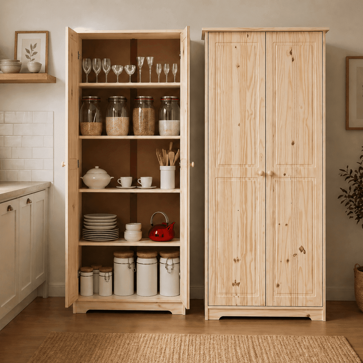 From the Tree Furniture Pantry Cabinet with Adjustable Shelves, Solid Pine Wood, Unfinished, 2 Doors