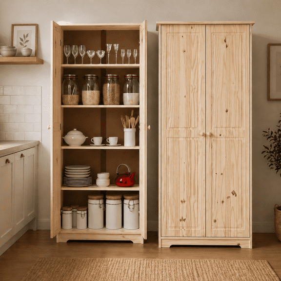 From the Tree Furniture Pantry Cabinet with Adjustable Shelves, Solid Pine Wood, Unfinished, 2 Doors