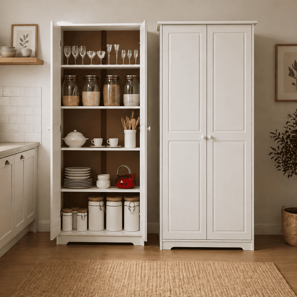 From the Tree Furniture Pantry Cabinet with Adjustable Shelves, Solid Pine Wood, White, 2 Doors
