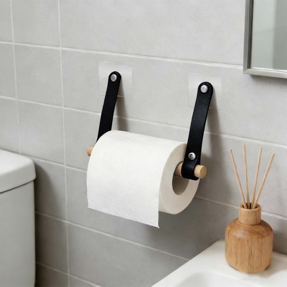 Under Cabinet Paper Towel Holder, Wooden Rod Leather Strap Tissue Roll Dispenser Rack For Kitchen Bathroom Outdoor Wall Mounted Rustic Storage Organizer