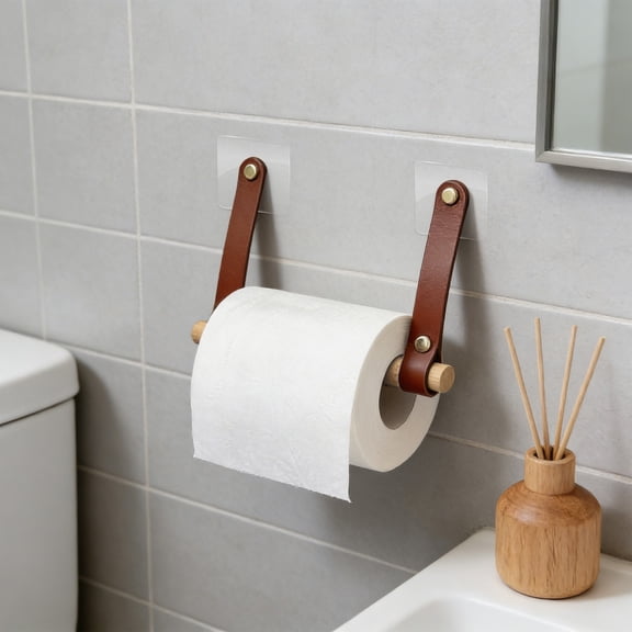 Under Cabinet Paper Towel Holder, Wooden Rod Leather Strap Tissue Roll Dispenser Rack For Kitchen Bathroom Outdoor Wall Mounted Rustic Storage Organizer