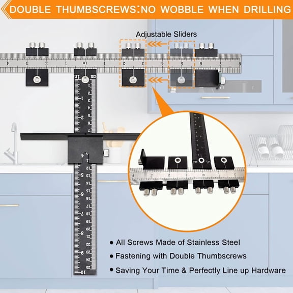 Cabinet Pull Template, Upgrade Cabinet Door/Drawer Hardware Template for Handle/Knob/Pull Installation, Adjustable Cabinet Hardware Jig All Metal W/ 5mm& 4mm Drill Bushing Guide
