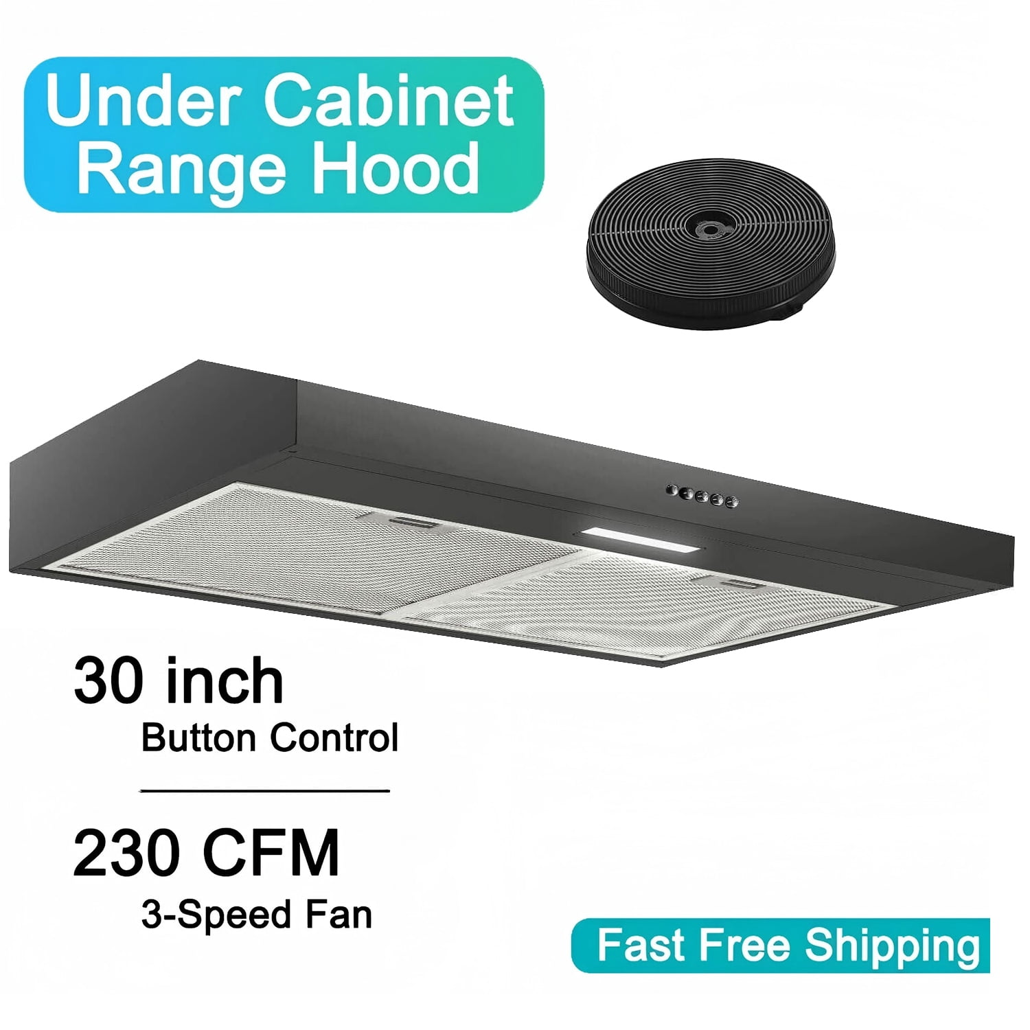 Under Cabinet Range Hood 30 inch with Charcoal Filter,Ductless Range Hood w/ 3 Speed Exhaust Fan,Stainless Steel Black Range Hood w/LED Light,Push Button,Under Cabinet Kitchen Hood