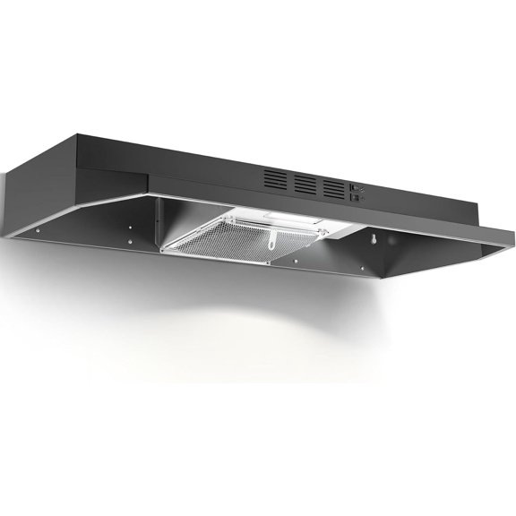 Under Cabinet Range Hood 36 inch, Ducted/Ductless Vent Hood with 2 Speeds Fan, Black Range Hood with Rocker Button Control, Kitchen Hood 280CFM, Bright LED Light