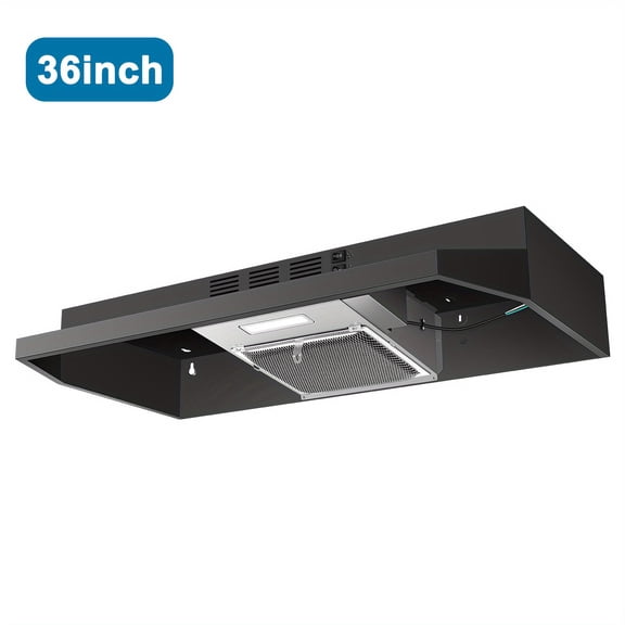Under Cabinet Range Hood 36 inch, Ducted/Ductless Vent Hood with 2 Speeds Fan, Black Range Hood with Rocker Button Control, Kitchen Hood 280CFM, Bright LED Light