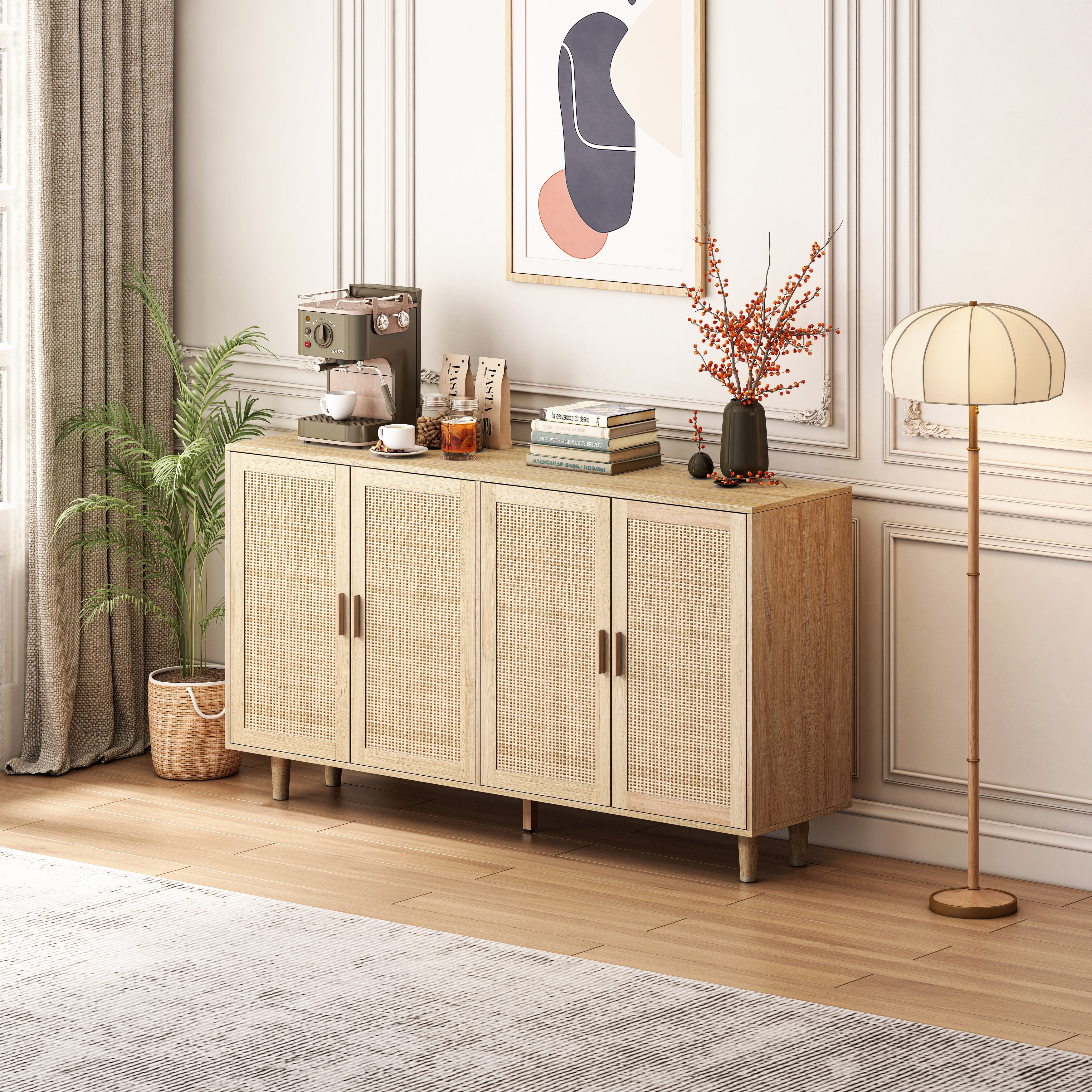 Natural Light Brown Rattan 4-Door Storage Cabinet
