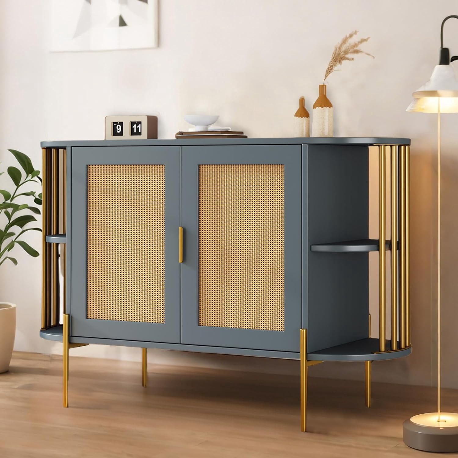 Cabinet Rattan Sideboard Storage Buffet Solid Wood Console Cabinet with ...