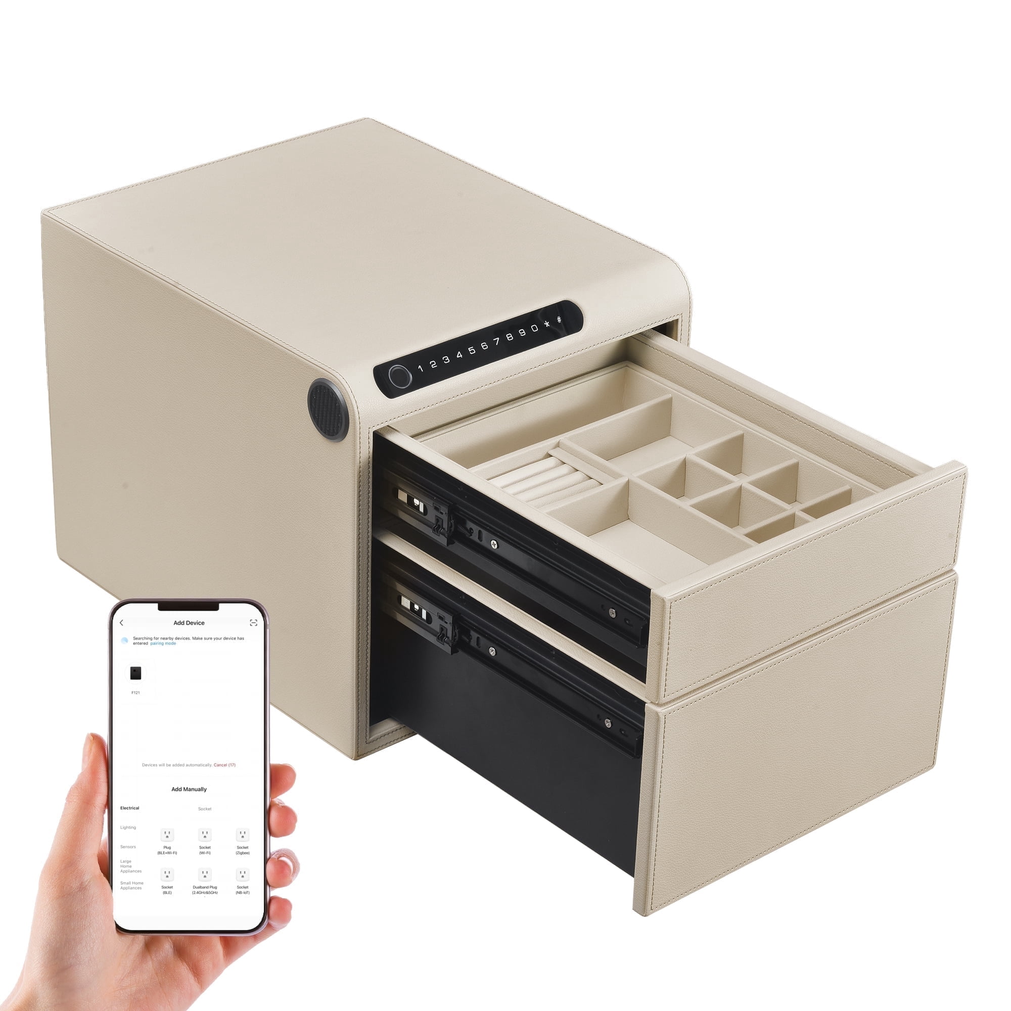 Digital Drawer Safe with Biometric Fingerprint & Keypad – Quick-Access Handgun Safe for Pistols, Leather-Wrapped Jewelry Storage, Ideal for Home Use