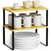 Cabinet Shelf Organizer, Extendable Countertop Shelves Set of 2, Kitchen Spice Racks, Stackable, Storage Racks for Cupboard, Sink, Pantry, Bathroom, Natural, Metal