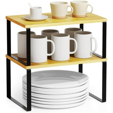 Cabinet Shelf Organizer, Extendable Countertop Shelves Set of 2, Kitchen Spice Racks, Stackable, Storage Racks for Cupboard, Sink, Pantry, Bathroom, Natural, Metal