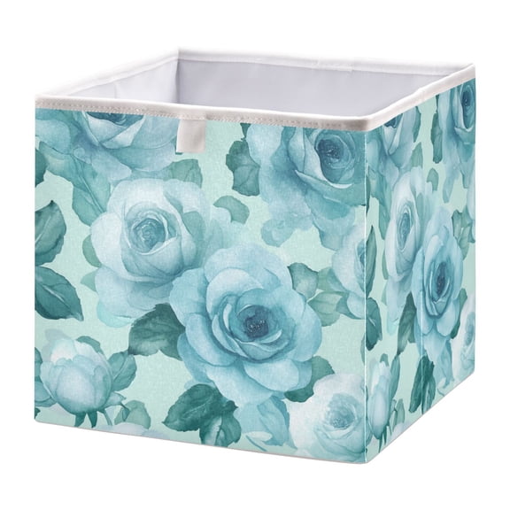 Cabinet Storage Basket 11.02x11.02x11.02 Inches Storage Box Foldable, Storable and Easy to Assemble ，Open Home Storage Bins ，Closet Storage Bins Cartoon Turquoise Roses Seamless