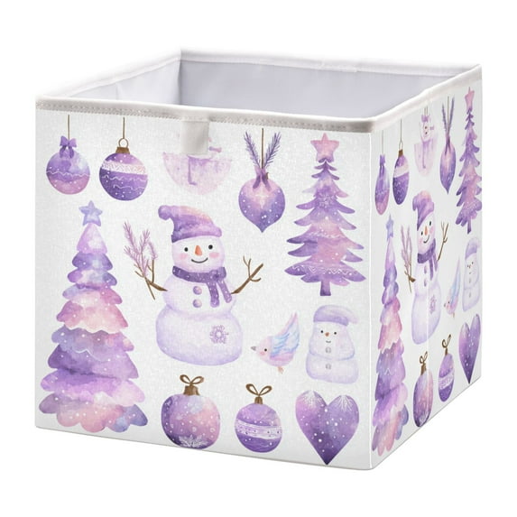 Cabinet Storage Basket 11.02x11.02x11.02 Inches Storage Box Foldable, Storable and Easy to Assemble ,Open Home Storage Bins ,Closet Storage Bins Cute Purple Christmas Snowman