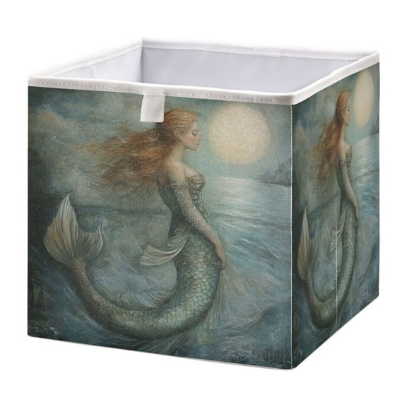 Cabinet Storage Basket 11.02x11.02x11.02 Inches Storage Box Foldable, Storable and Easy to Assemble ，Open Home Storage Bins ，Closet Storage Bins Sunset Mermaid