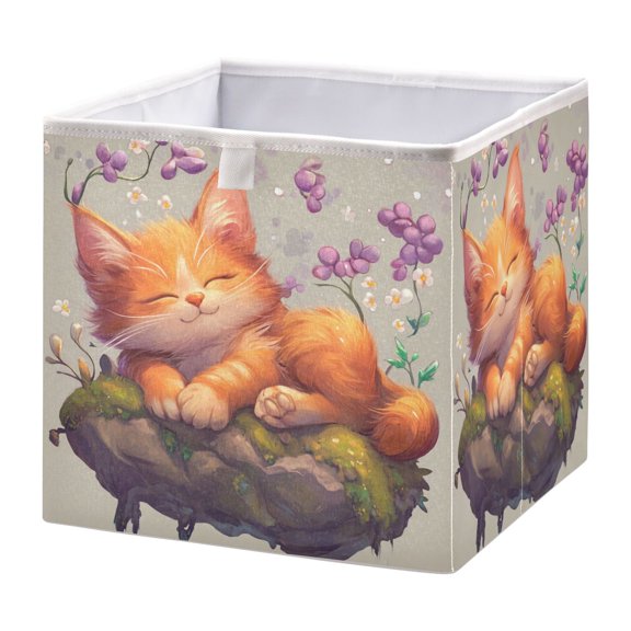 Cabinet Storage Basket 11.02x11.02x11.02 Inches Storage Box Foldable, Storable and Easy to Assemble ,Open Home Storage Bins ,Closet Storage Bins Super Cute Orange Cat