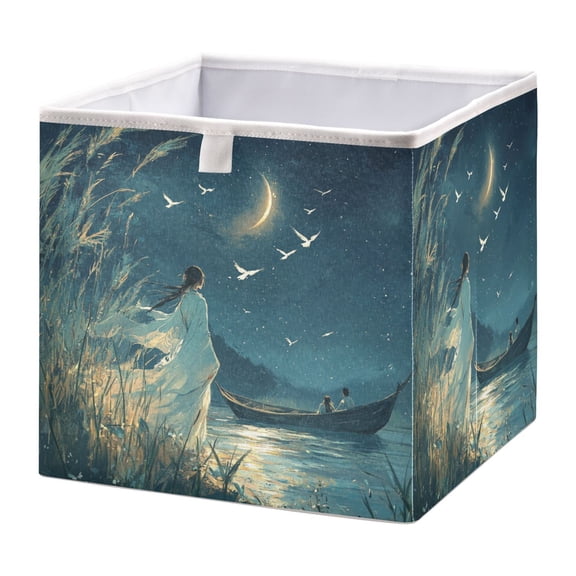 Cabinet Storage Basket 15.75x10.63x6.96 Inches Storage Box Foldable, Storable and Easy to Assemble ，Open Home Storage Bins ，Closet Storage Bins Beautiful Green Moon