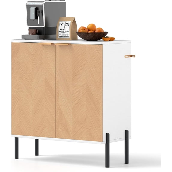 Cabinet with Storage, Kitchen Sideboard with Shelf, Modern Credenza for Living Room, Small Accent Cabinet with Doors for Dining Room, 14.5" D x 27.5" W x 31" H (1, White & Natural)