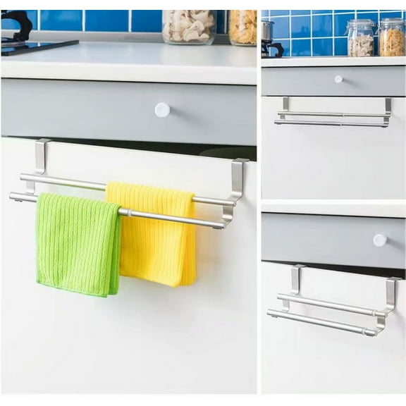 Over Cabinet Towel Bar with Double Layers, Adjustable 9-15.7 Inch Brushed Stainless Steel Towel Rack for Bathroom and Kitchen with 22 Lbs Maximum Load